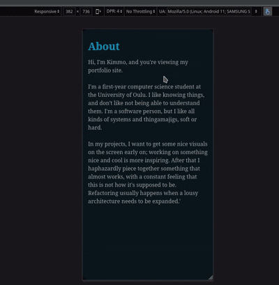 One aspect I found very challenging is content navigation. I settled on CSS-powered snap scrolling, because with this you get the most uniform experience. On the mobile version I kind of rely on the user intuition to scroll every which way. On the desktop the scroll areas show additional content as a hint.